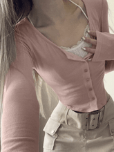 Rosa Strick-Crop-Top mit Spitzen-Patchwork